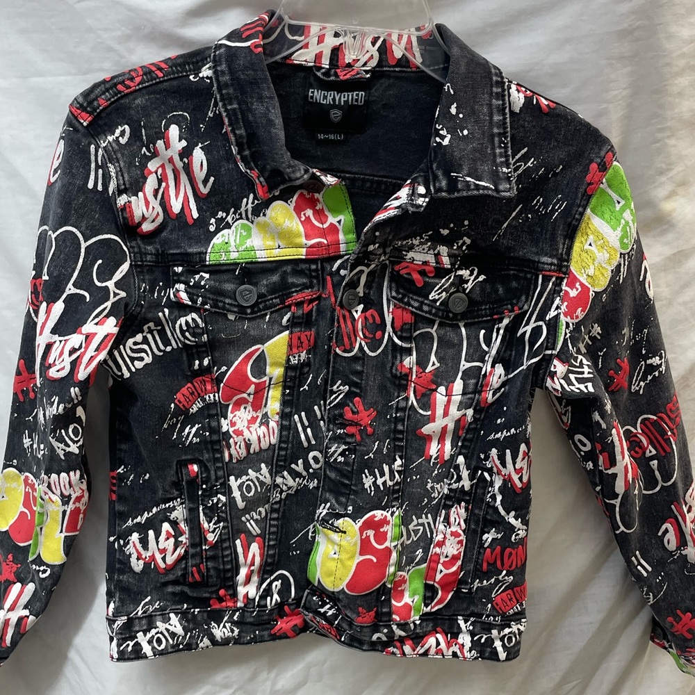 Encrypted Kids' Black Graffiti Denim Jacket with Red & Lime Accents sz 14-16